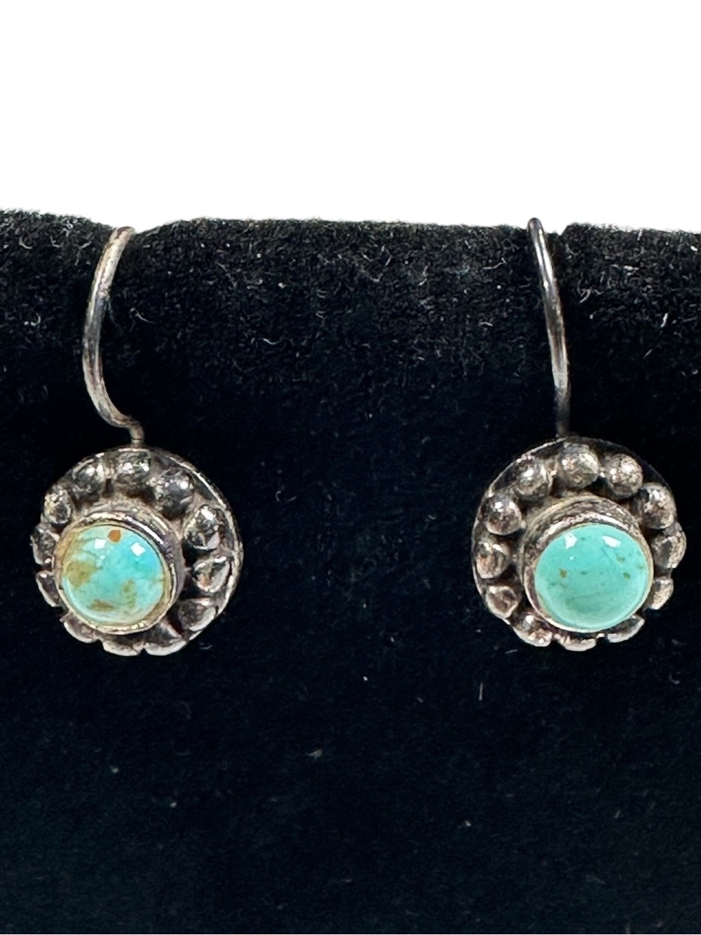 Vtg Sign Thailand JM 925 Sterling Turquoise Cabs Flower Dangle Earrings Pierced